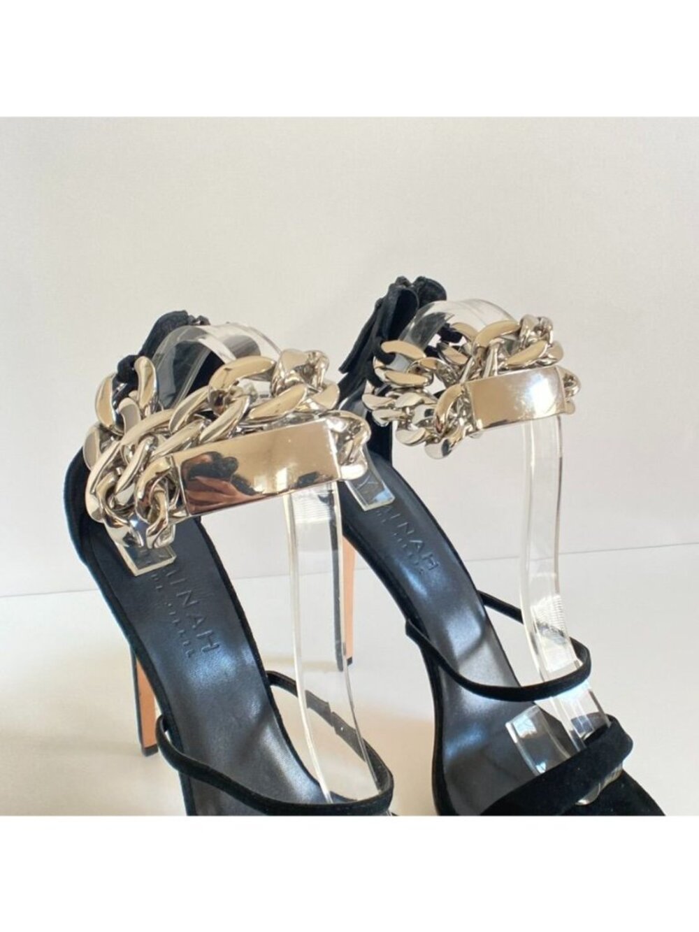 AMINAH ABDUL JILLIL Black Suede Ankle Strap Heels With Silver Chain size 11 - Picture 7 of 10
